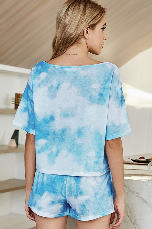 Full Size Tie-Dye Boat Neck Top and Shorts Lounge Set