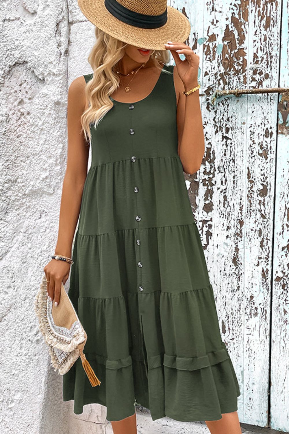 Women's Decorative Button Scoop Neck Tiered Sleeveless Dress