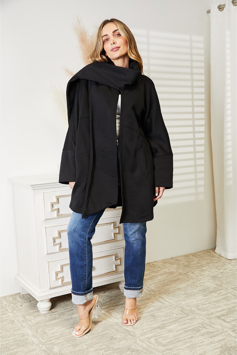 HEYSON Full Size Open Front Black Cardigan with Scarf Design