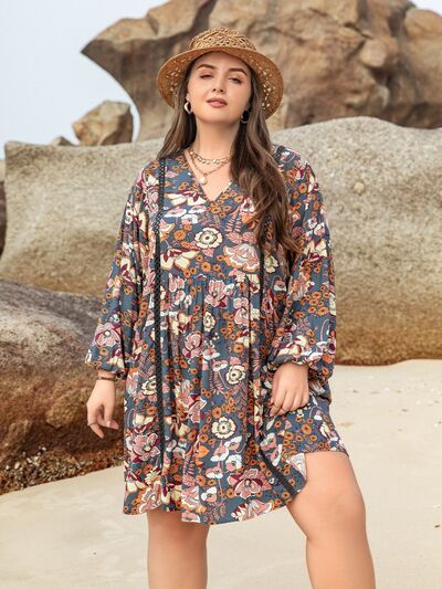 Women's Candida Plus Size Printed V-Neck Balloon Sleeve Mini Dress