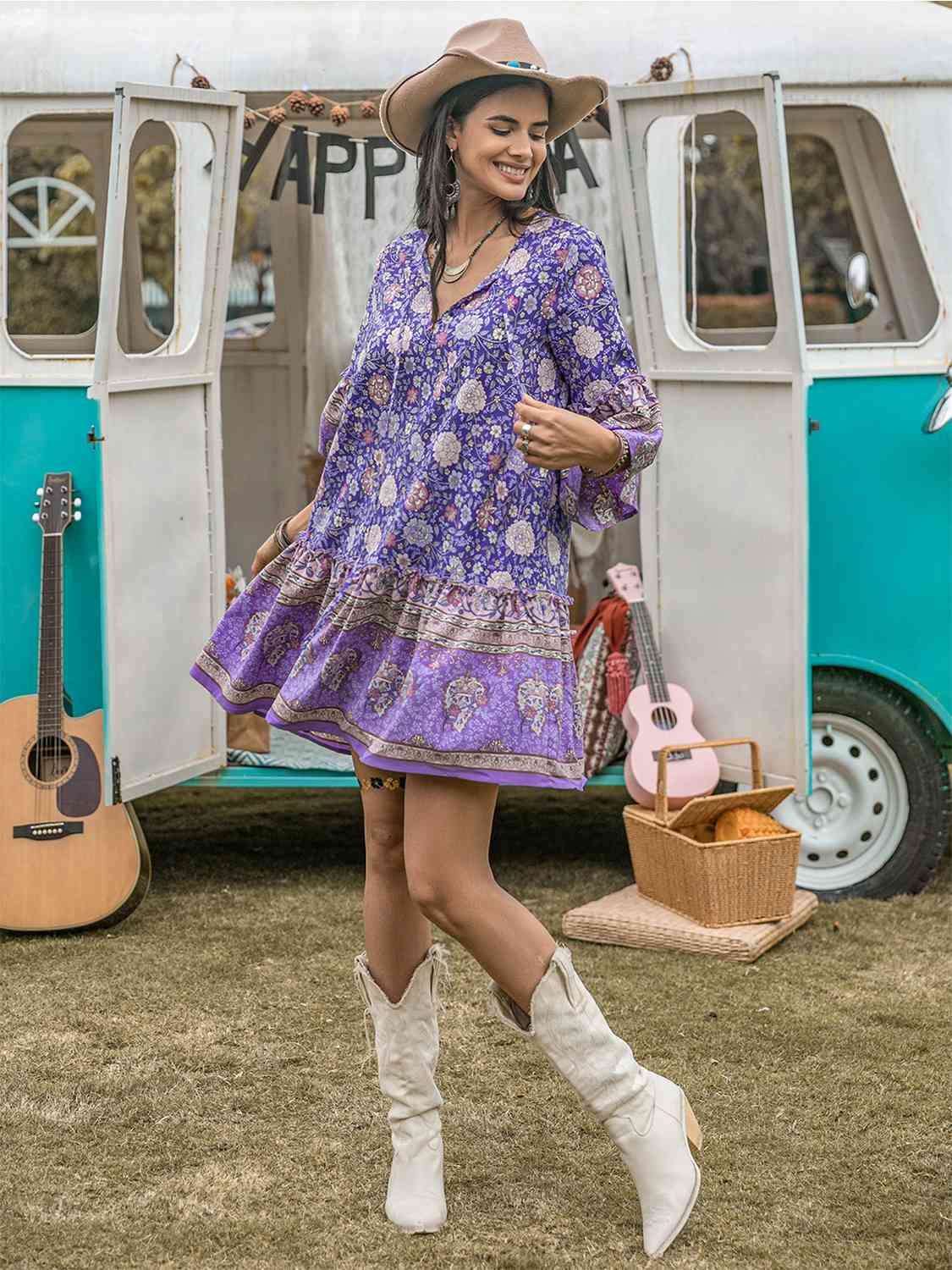 Sherbet Orange Floral Tie Neck Mini Dress