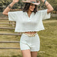 Eyelet Collared Neck Short Sleeve Top and Shorts Set