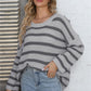 One Size Round Neck Dropped Shoulder Striped Sweater