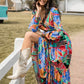 Printed Smocked Tie Neck Balloon Sleeve Maxi Dress