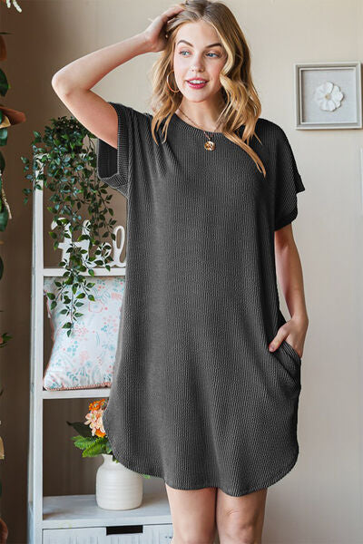 Heimish Full Size Ribbed Round Neck Short Sleeve Tee Dress *