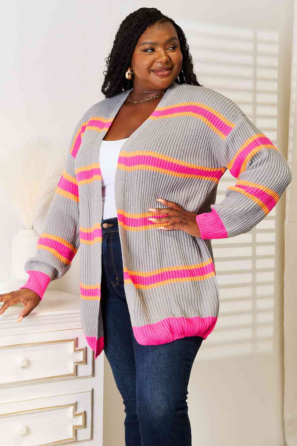 Woven Right Ribbed Long Sleeve Cardigan *