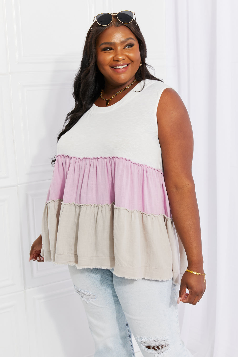 White Birch Full Size Watching the Sunset Color Block Baby doll Tank Top *