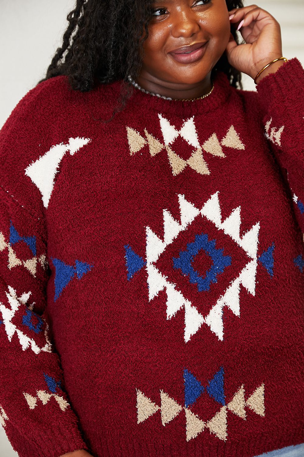 HEYSON Wine Full Size Aztec Soft Fuzzy Sweater