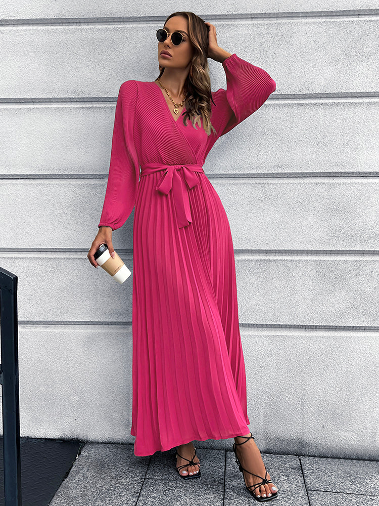 Full Size V-Neck Tie Waist Pleated Maxi Dress