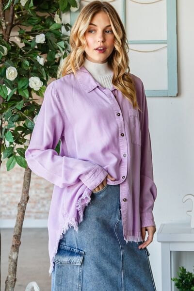 Veveret Raw Hem Button Up Long Sleeve Shirt *
