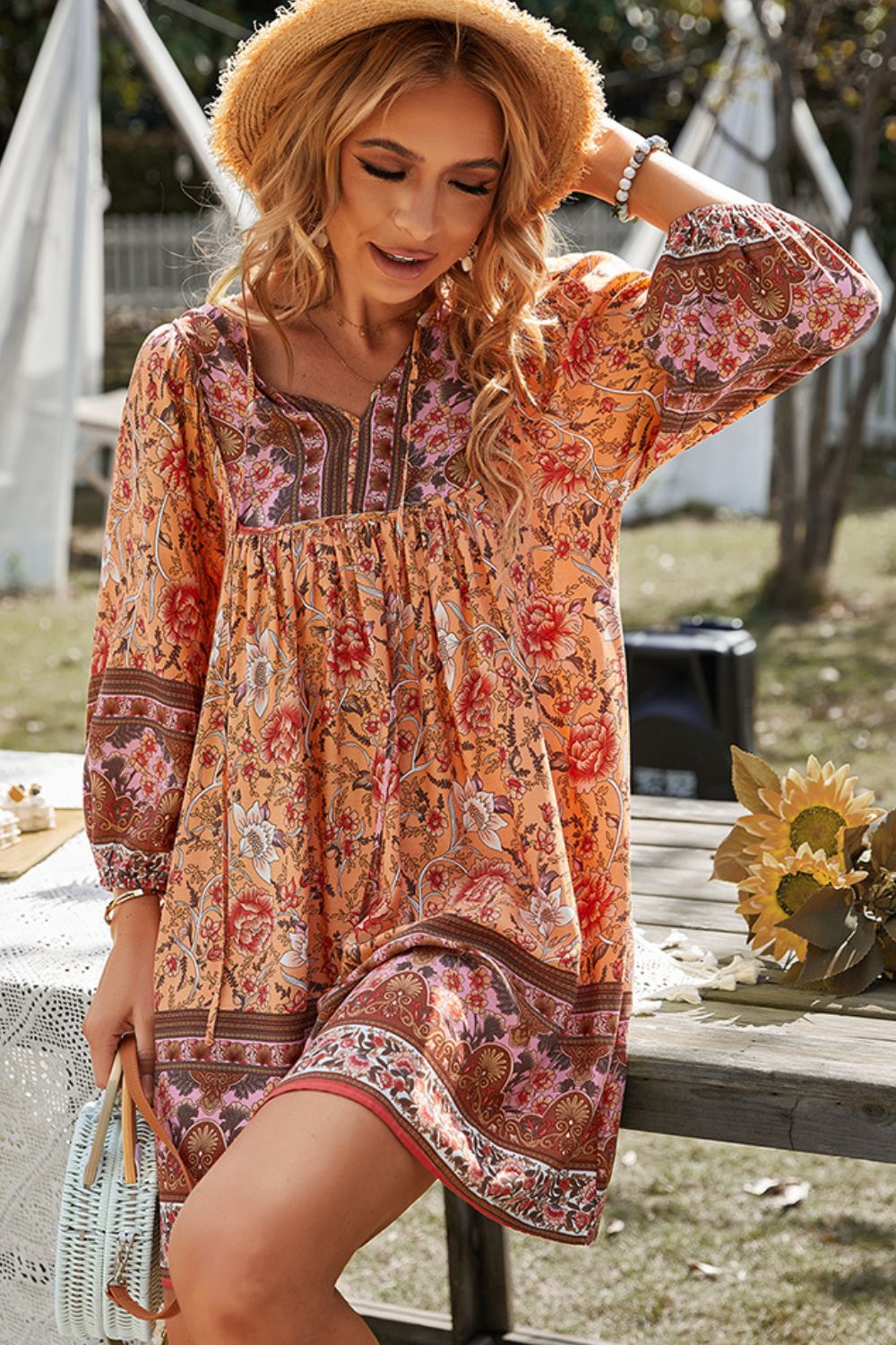 BOHO NOW Bohemian Tie Neck Balloon Sleeve Dress