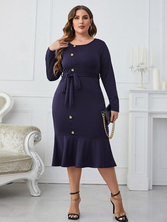 IdeationJovial Plus Size Buttoned Round Neck Tie Belt Midi Dress