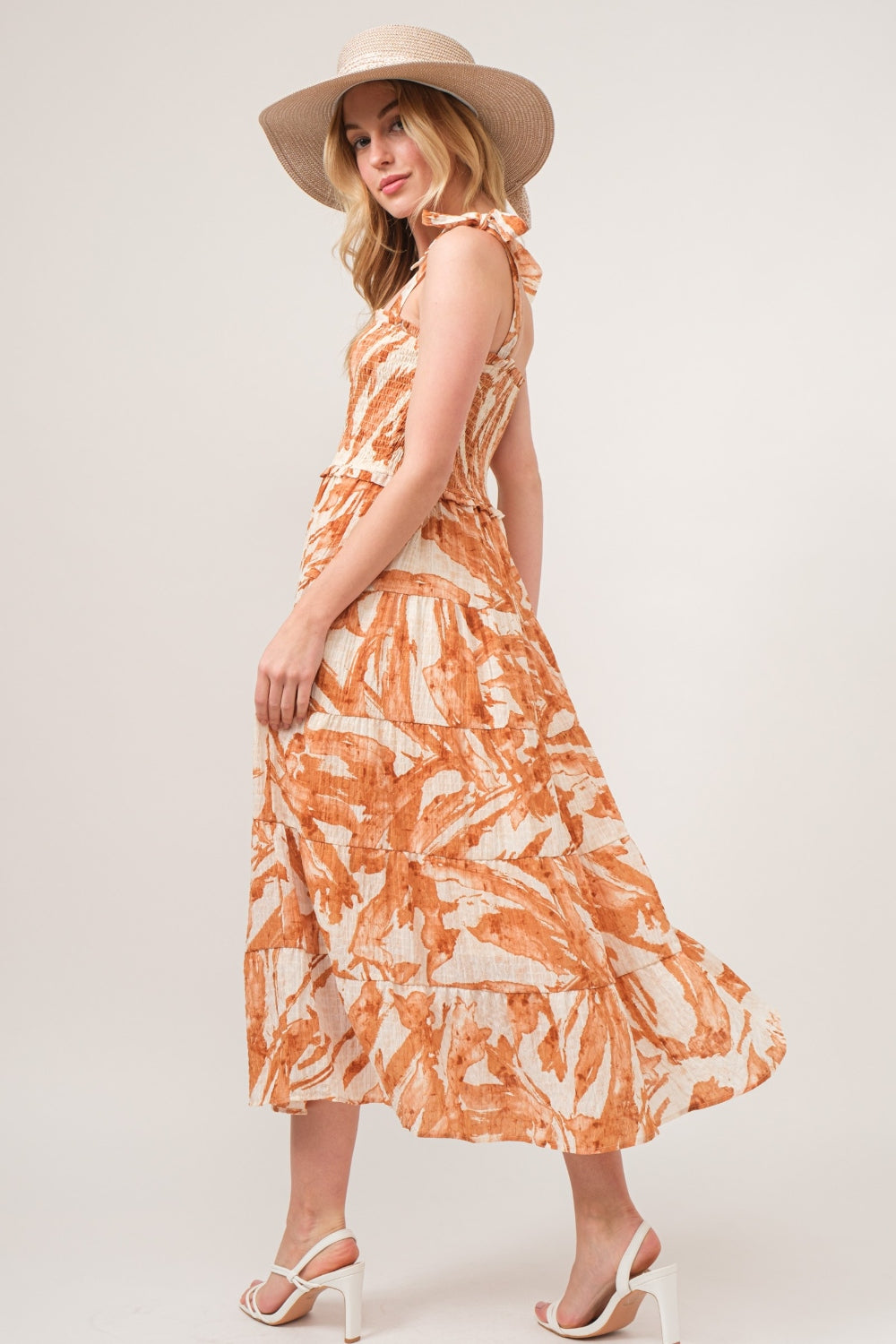And The Why Tie Shoulder Smocked Midi Tiered Dress *