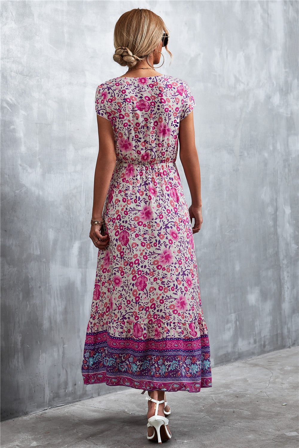 Full Size V-Neck Short Sleeve Printed Maxi Dress