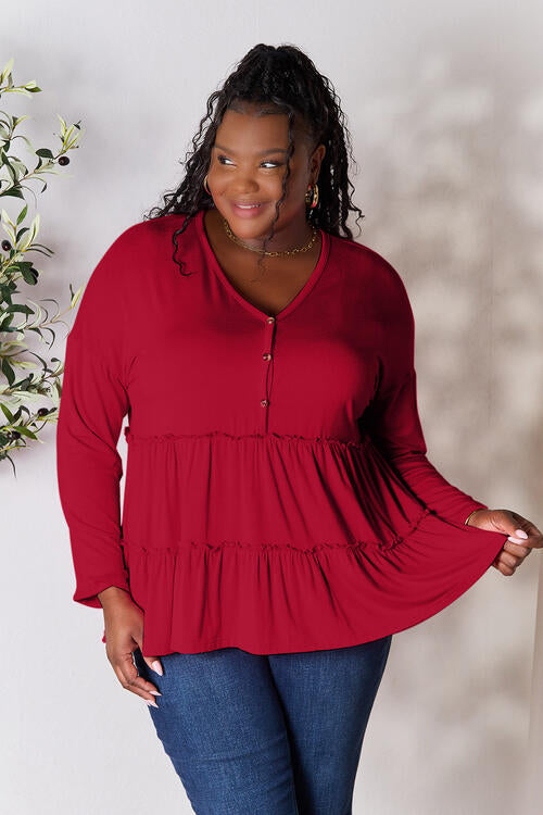 Double Take Half Button Long Sleeve Ruffle Hem Blouse *