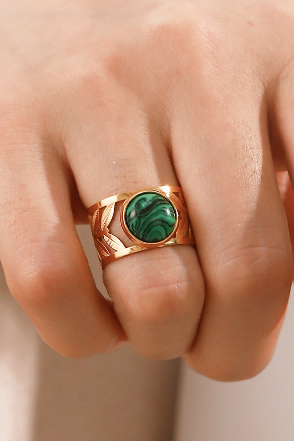 18k Women's Gold Plated Malachite Leaf Ring