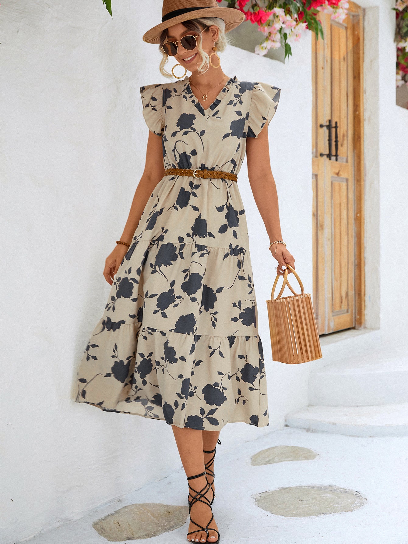 Women's Floral Frill Trim V-Neck Tiered Midi Dress