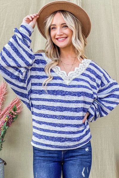 And The Why Striped Lace Detail V Neck Top *