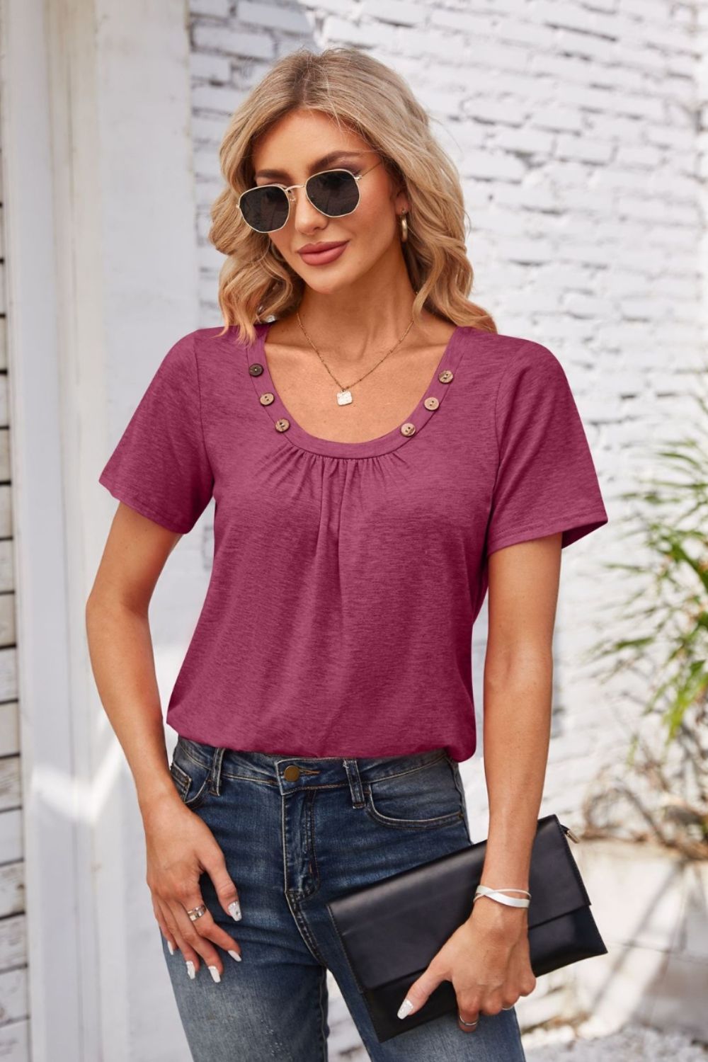 Decorative Button Scoop Neck T-Shirt