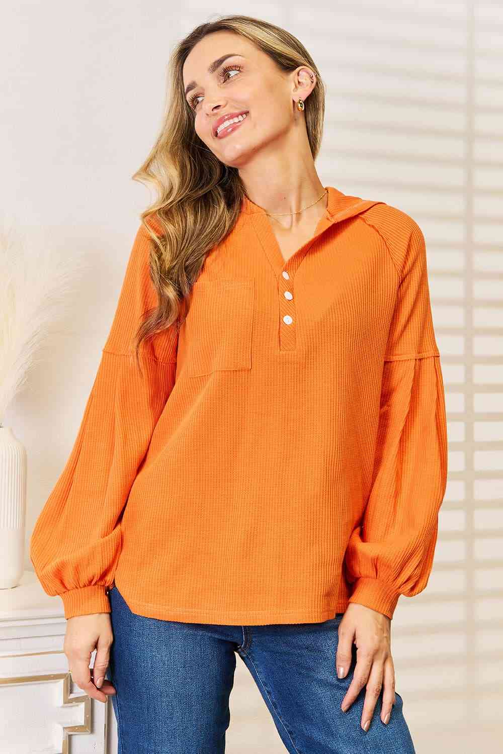 Basic Bae Side Slit Buttoned Waffle Knit Hoodie *