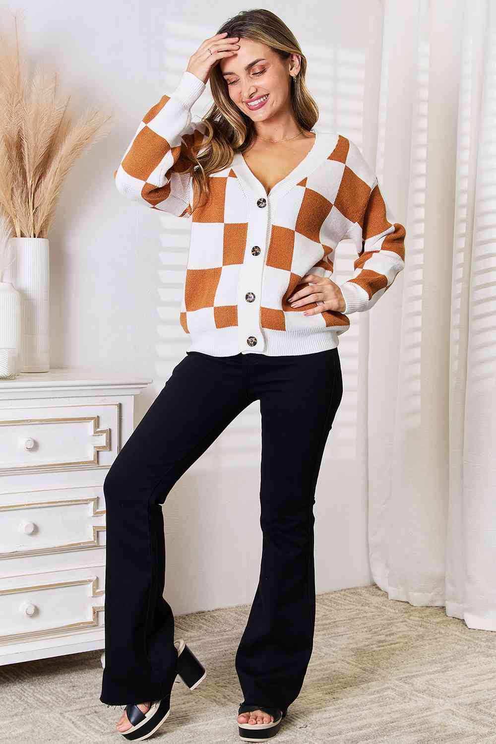 Double Take Button-Up V-Neck Dropped Shoulder Cardigan *