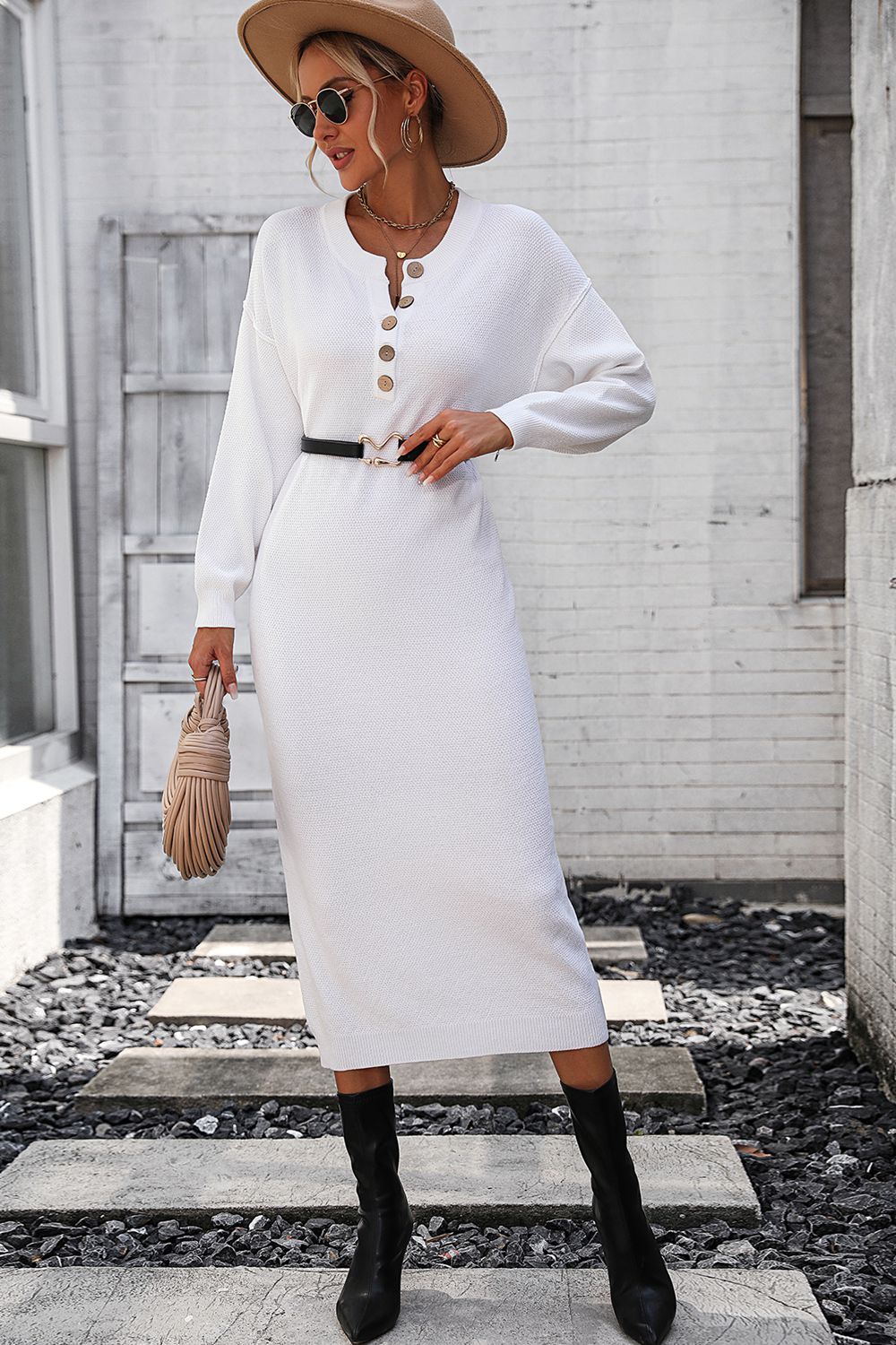 IdeationJovial Notched Neck Dropped Shoulder Button-Down Midi Dress