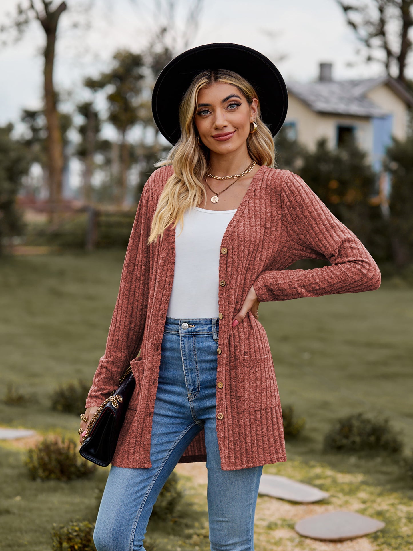 Full Size Ribbed Button-UP Cardigan with Pockets