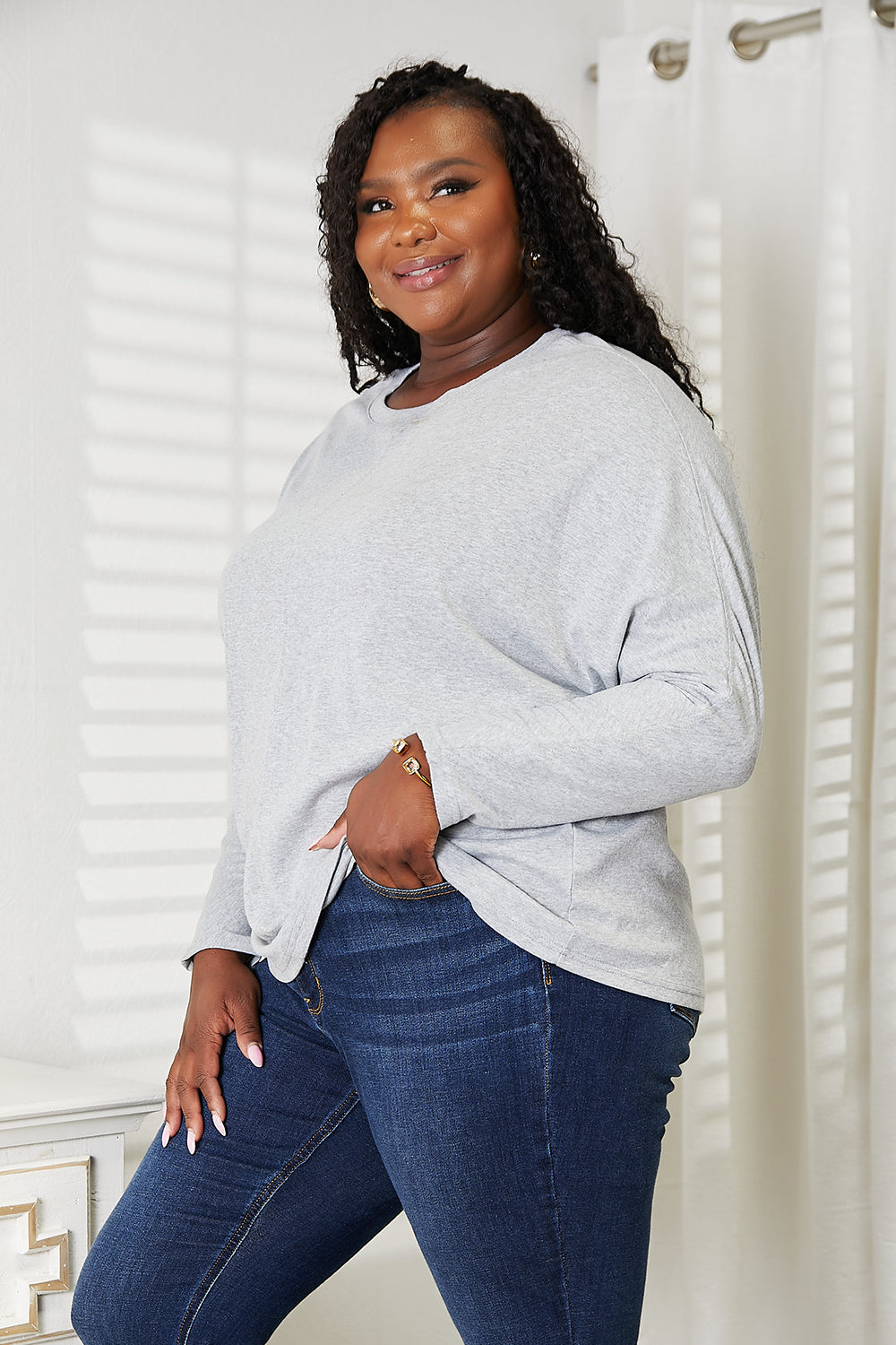 Double Take Light Gray Full Size Seam Detail Round Neck Long Sleeve Top *
