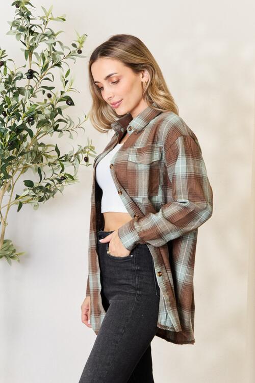 Double Take Plaid Dropped Shoulder Shirt *