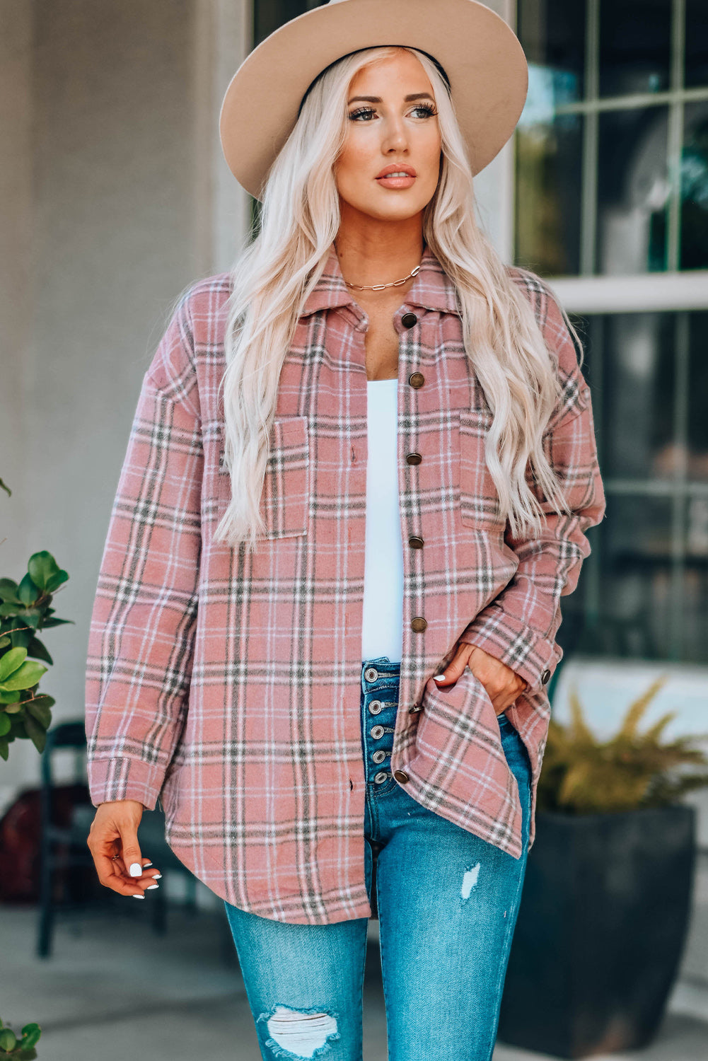 Aaarti&Destiny Full Size Plaid Curved Hem Dropped Shoulder Longline Shirt Jacket