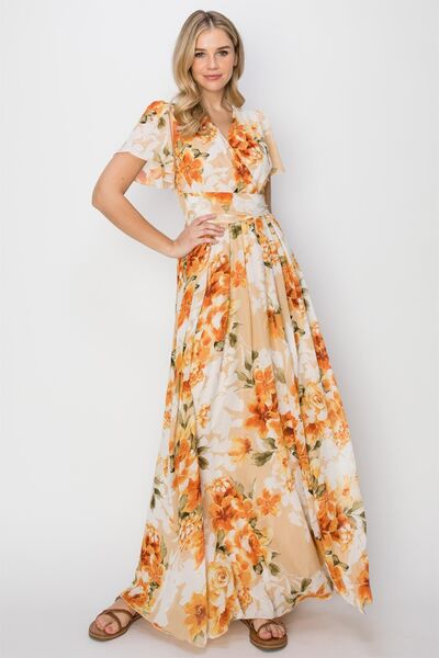 HYFVE Floral Tie Back Short Sleeve Slit Maxi Dress *