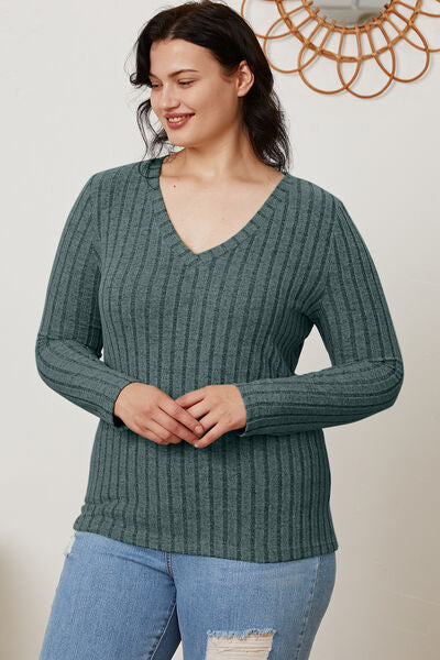 Basic Bae Full Size Ribbed V-Neck Long Sleeve T-Shirt *