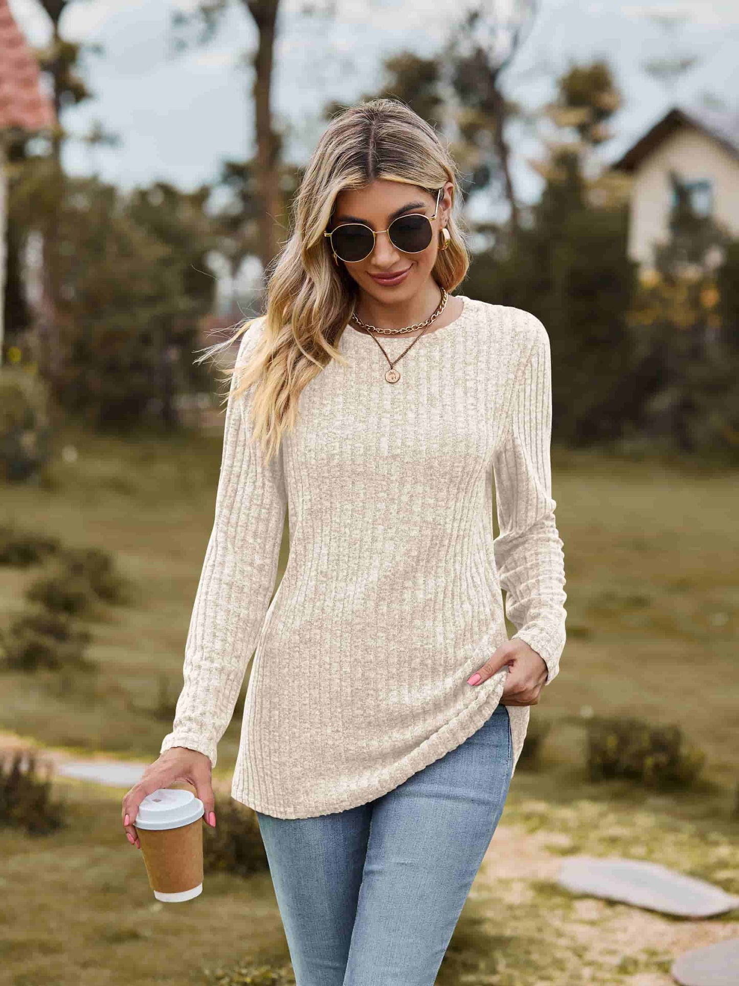 Full Size Ribbed Round Neck Long Sleeve Tee