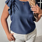 Plus Size Round Neck Flounce Sleeve Frill Trim Blouse
