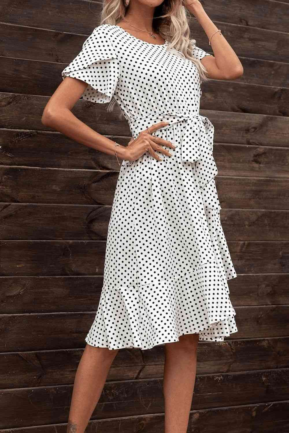 FULL SIZE Tie Waist Petal Sleeve Ruffle Hem Dress