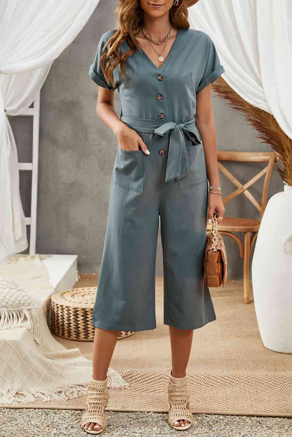 DuskJumpers Tie-Waist Buttoned Cropped Jumpsuit