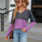 Full Size V-Neck Long Sleeve Two-Tone T-Shirt