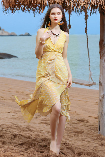 CGYY Valencia Polka Dot Ruffled Plunge Sleeveless Maxi Dress