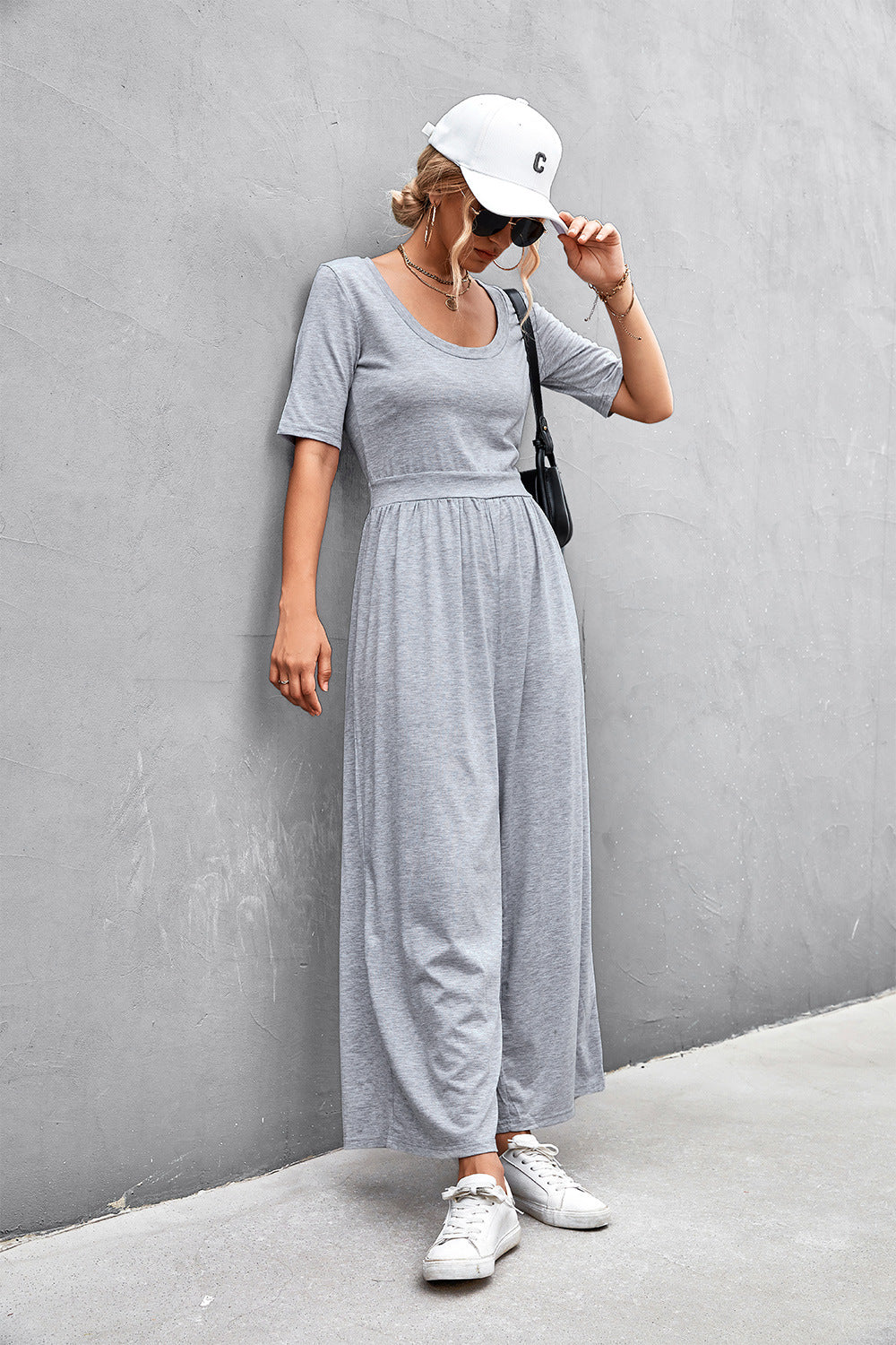 Women's Scoop Neck Half Sleeve Wide Leg Jumpsuit