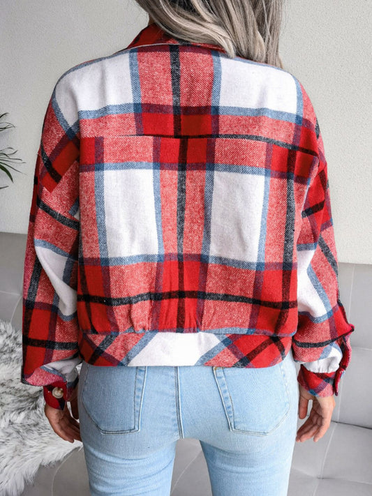 Women's Plaid Collared Neck Drop Shoulder Jacket