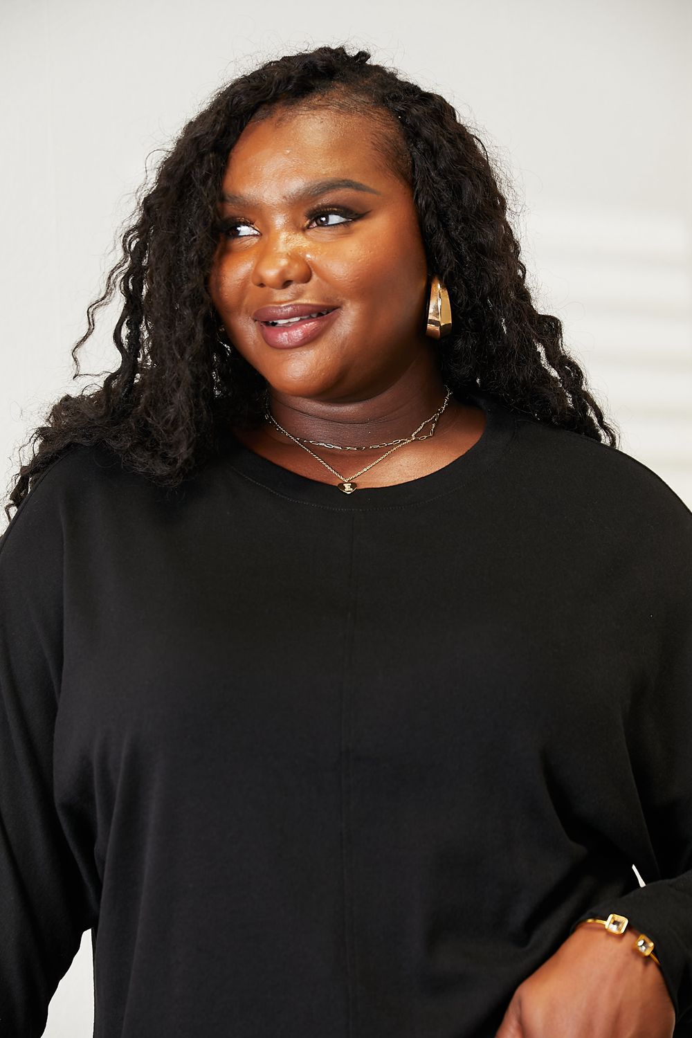 Double Take Light Gray Full Size Seam Detail Round Neck Long Sleeve Top *