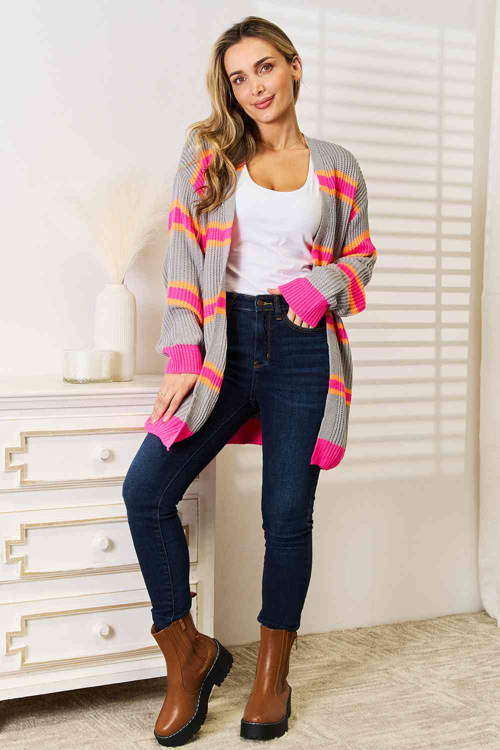 Woven Right Ribbed Long Sleeve Cardigan *