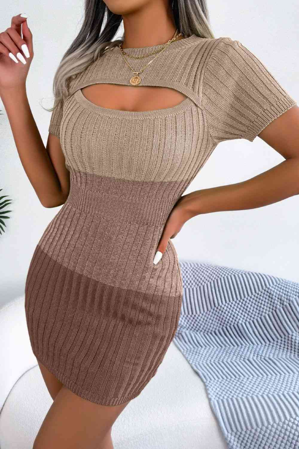 Color Block Cutout Short Sleeve Sweater Dress