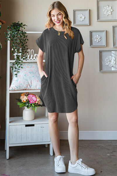 Heimish Full Size Ribbed Round Neck Short Sleeve Tee Dress *