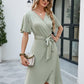Full Size Tie Waist Flutter Sleeve Surplice Dress