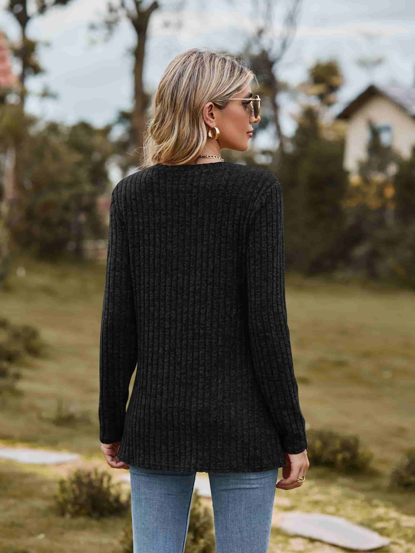 Full Size Ribbed Round Neck Long Sleeve Tee