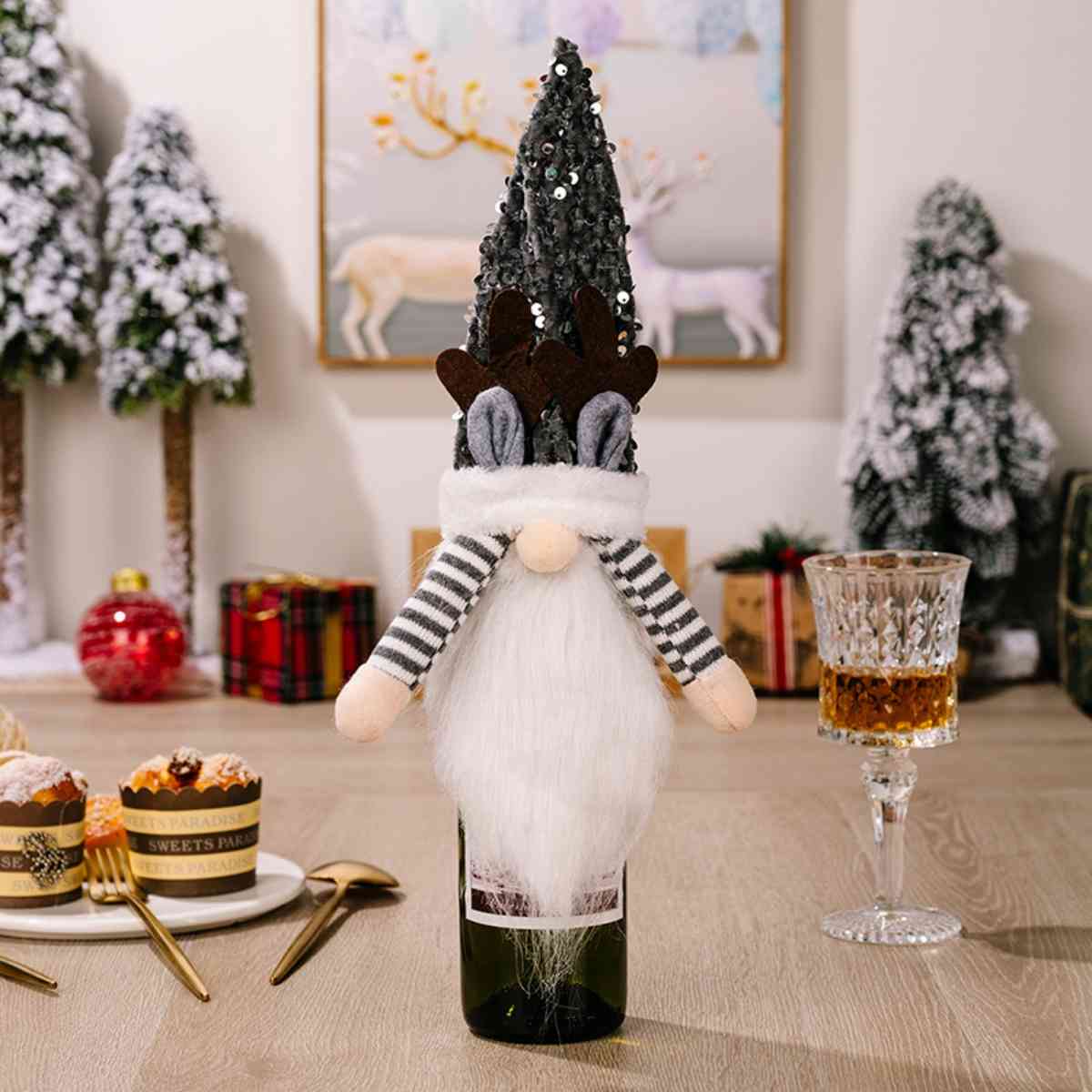 CHRISTMAS Sequin Pointed Hat Faceless Gnome Wine Bottle Cover