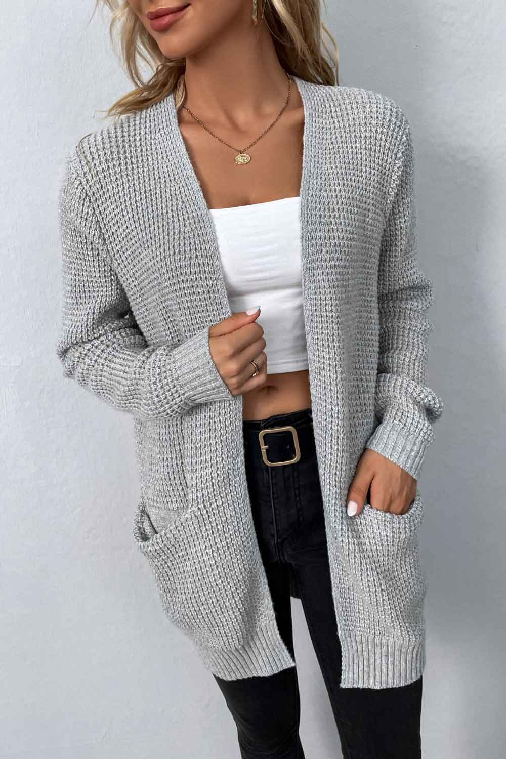 ZeldaMarie Rib-Knit Open Front Pocketed Cardigan