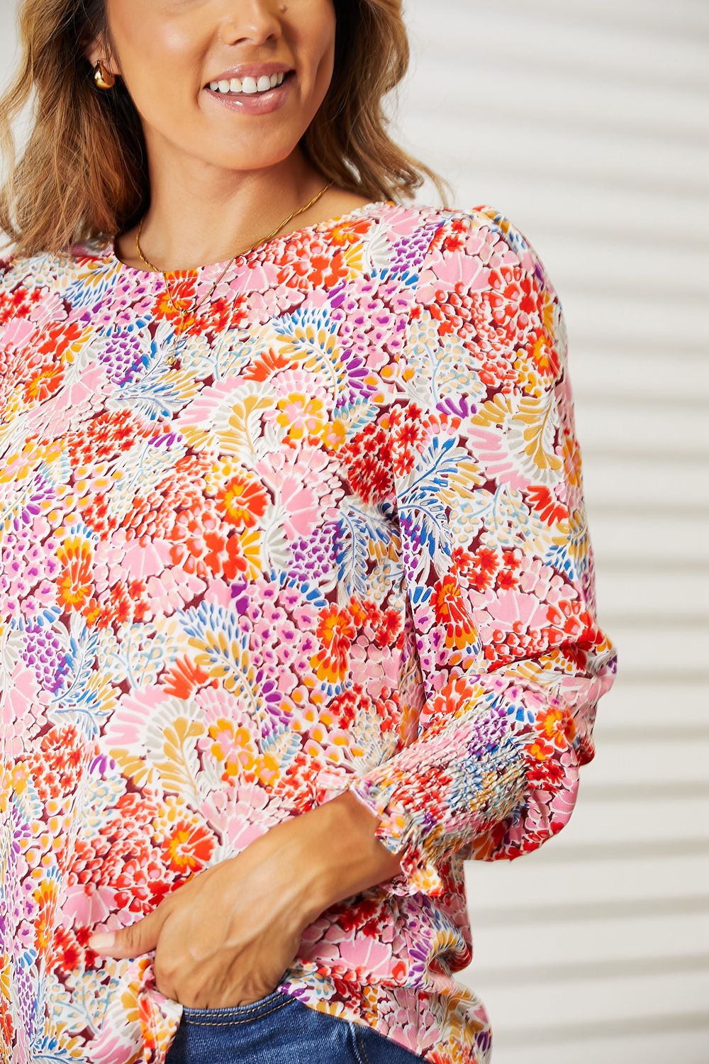 Double Take Floral Print Long Puff Sleeve Blouse *