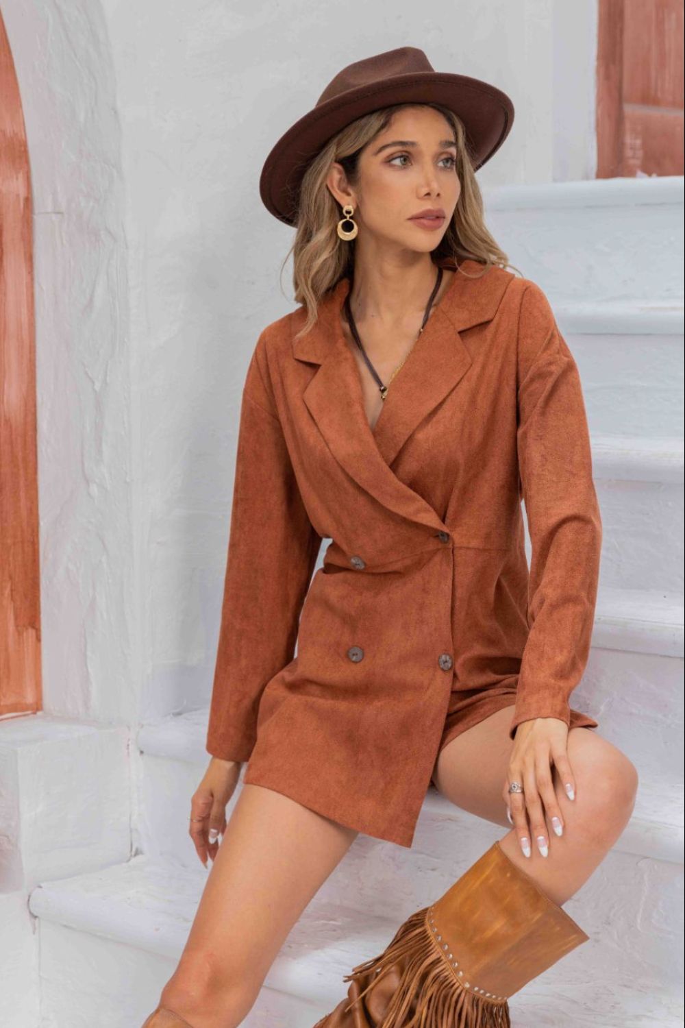 Ochre Brown Lapel Collar Long Sleeve Romper